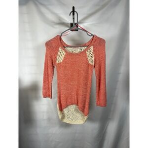 Pink Republic Coral Crochet Lace Knit Sweater 3/4 Sleeve High Low Top Small 7/8